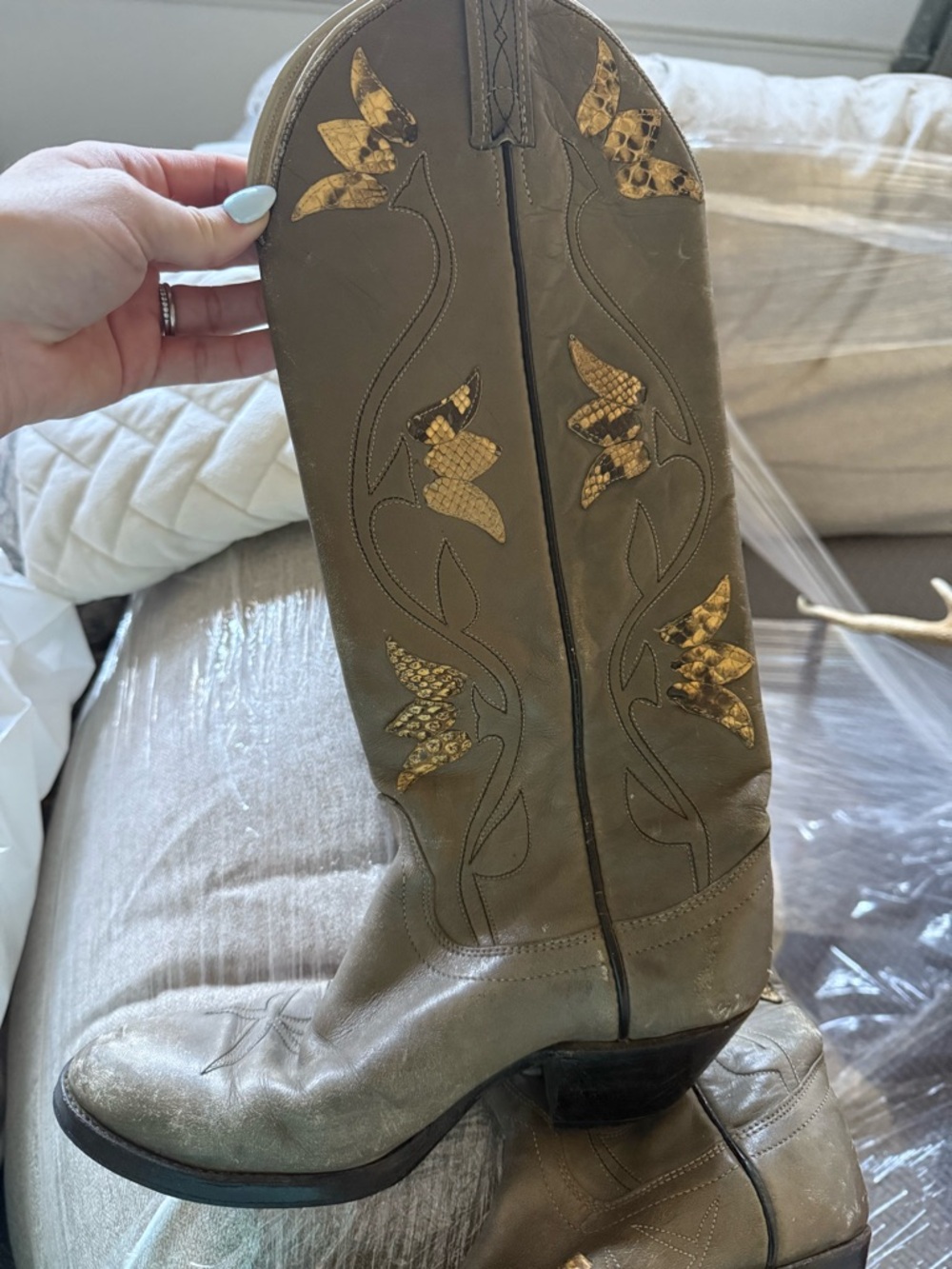 Dan Post Vintage Gray Leather Western Boot with Embossed Detail